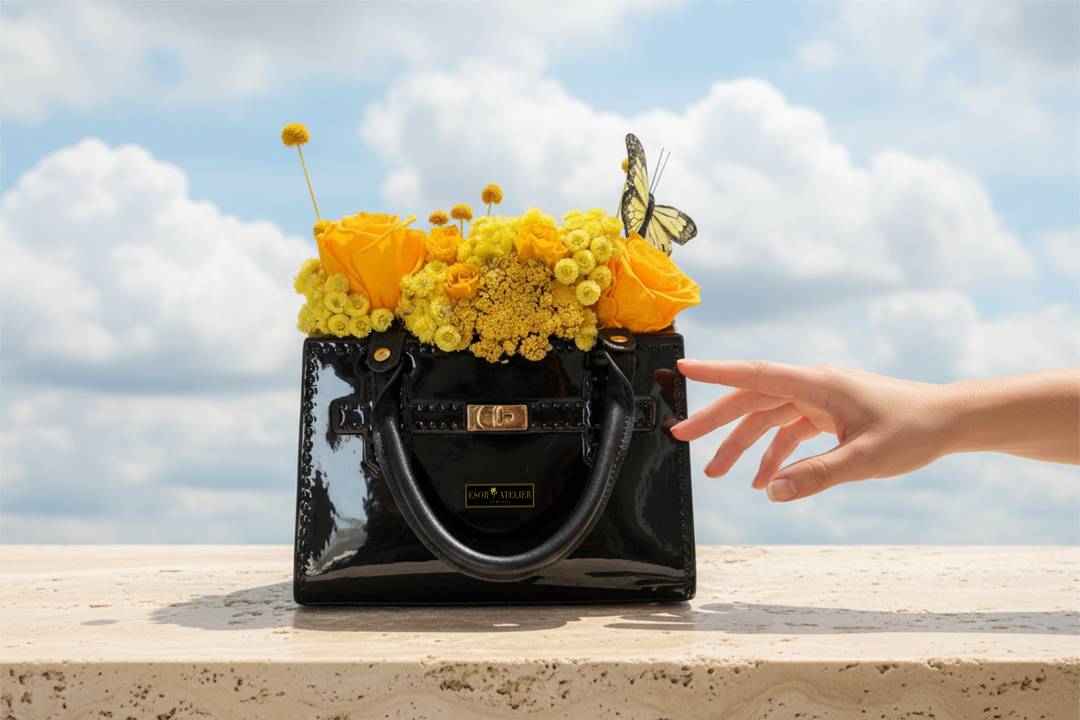 Preserved marigold flower from Esor Atelier showcasing vibrant orange petals and detailed floral texture.