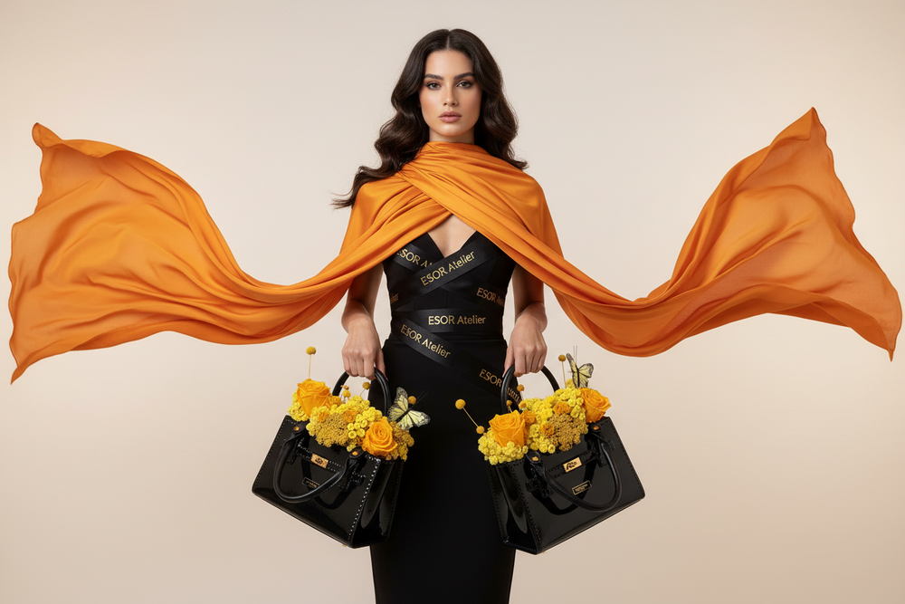 Preserved marigold floral arrangement by Esor Atelier showcasing vibrant orange and yellow blooms in a natural display.