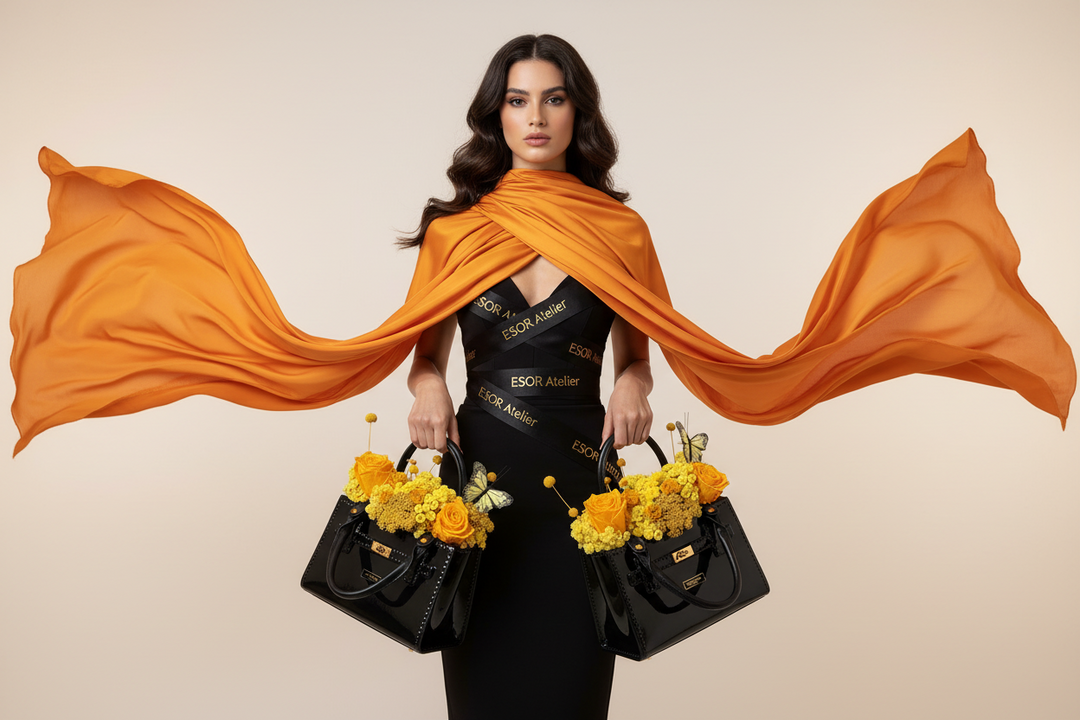 Preserved marigold floral arrangement by Esor Atelier showcasing vibrant orange and yellow blooms in a natural display.