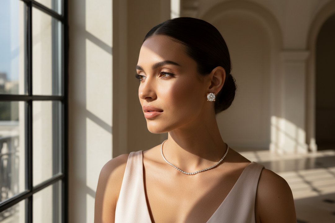 Rose gold polished Caeli earrings with 0.50ct gemstones from Forever Rings By Sal, shown with detailed metal and gemstone features.