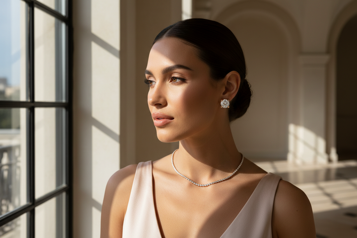 Rose gold polished Caeli earrings with 0.50ct gemstones from Forever Rings By Sal, shown with detailed metal and gemstone features.