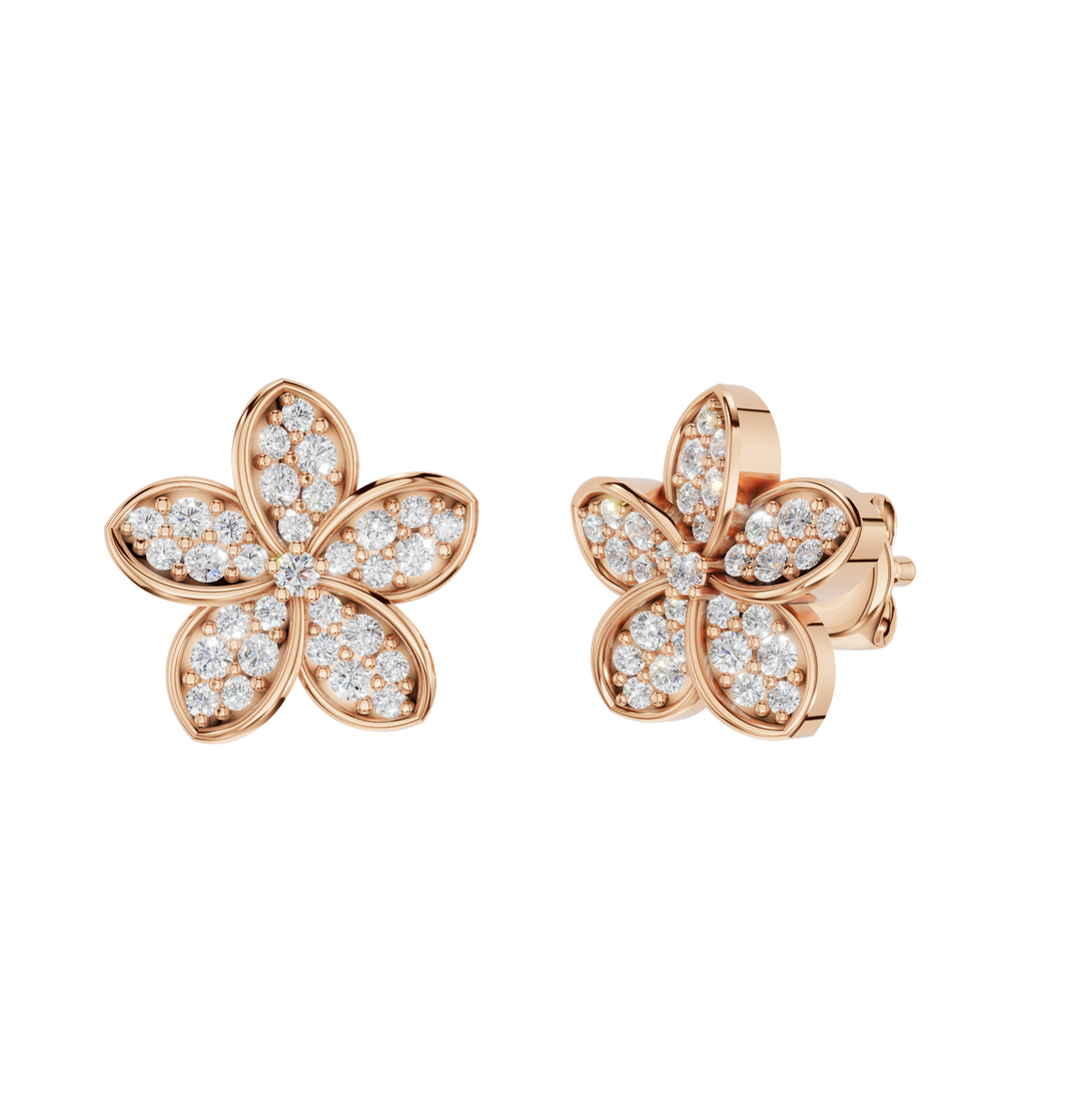Rose gold Fleuris earrings with 0.23ct gemstones, polished finish, showcasing elegant dangle design and detailed craftsmanship.