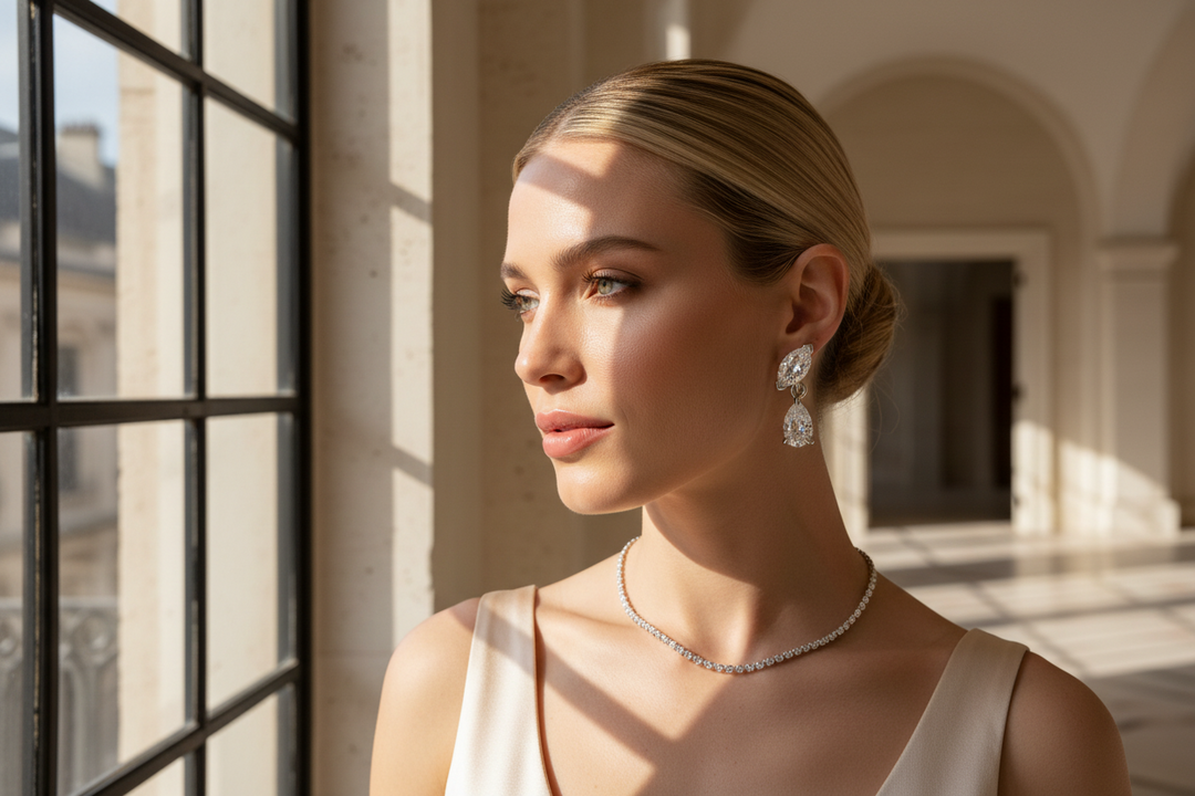 Esor Atelier Aether Earrings with 1.00ct white gold, polished finish, featuring elegant dangle design and sparkling gemstone details.