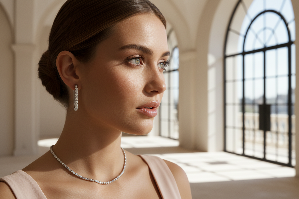 Esor Atelier Viora Earrings in white gold with 0.24ct diamonds, polished metal finish, close-up view of elegant jewelry design.
