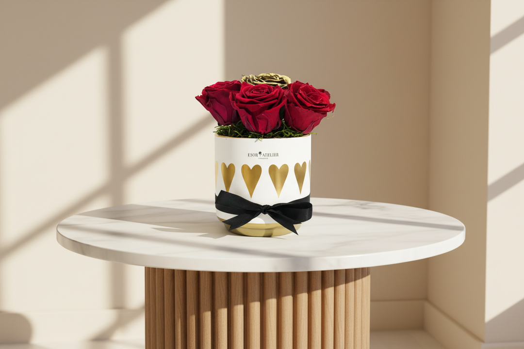 Close-up of the Esor Atelier Ella eternal rose, showing its delicate petals and vibrant red color.