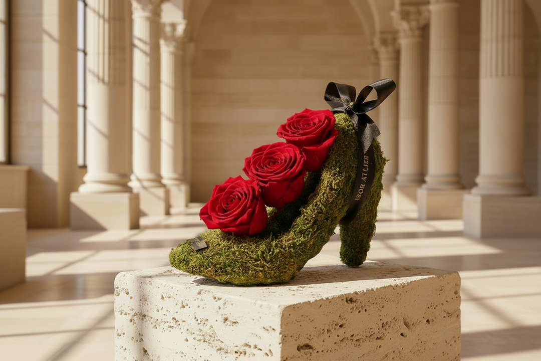 Eternal rose named Emma by Esor Atelier, featuring a beautifully preserved, lush red rose with elegant packaging.
