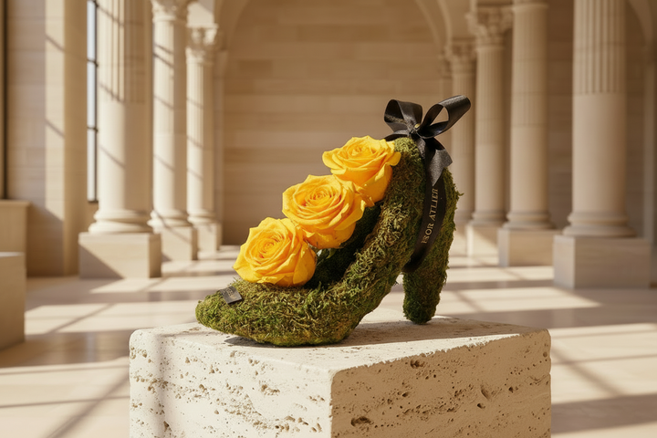 Eternal rose named Emma from Esor Atelier, showcasing vibrant, preserved rose petals in a delicate, natural display.
