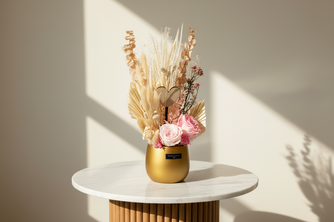 Preserved floral arrangement by Esor Atelier featuring vibrant, long-lasting blooms in a stylish display.