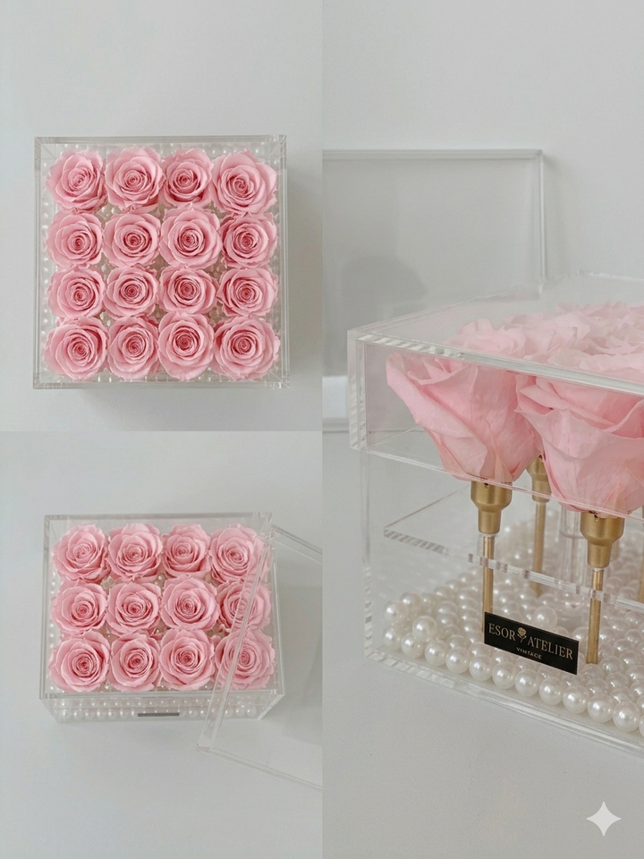 Eternal rose named Léa by ESOR ATELIER, showcasing a beautifully preserved rose in a clear display case.