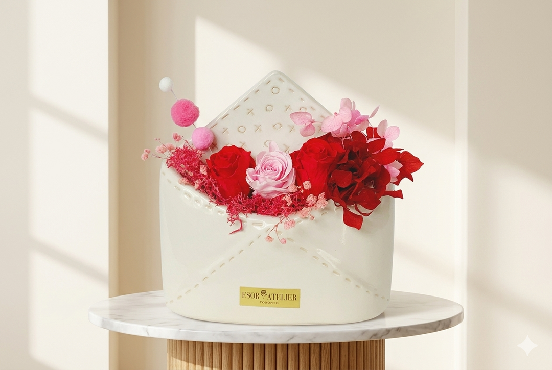 Eternal rose named Lisette by Esor Atelier, showcasing a preserved, handcrafted floral arrangement in a glass display.