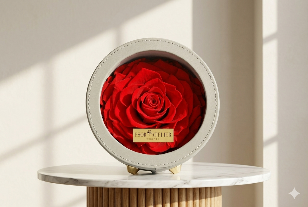 Eternal rose from Esor Atelier Mayfair collection, beautifully preserved flower in a clear glass display case.