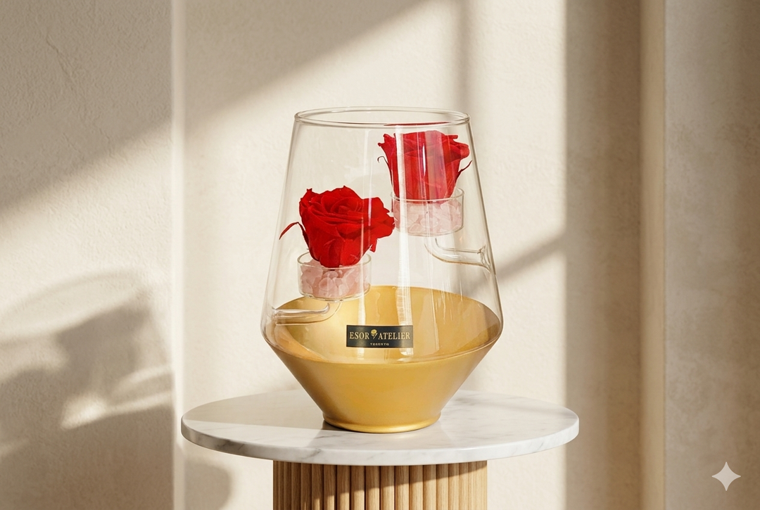 Eternal rose named Mia by Esor Atelier, beautifully preserved with soft pink petals and green leaves in a clear display case.