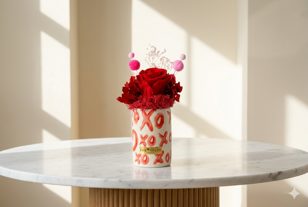 Beautiful Adalene eternal rose and hydrangea arrangement by Esor Atelier, featuring preserved flowers in a delicate display.