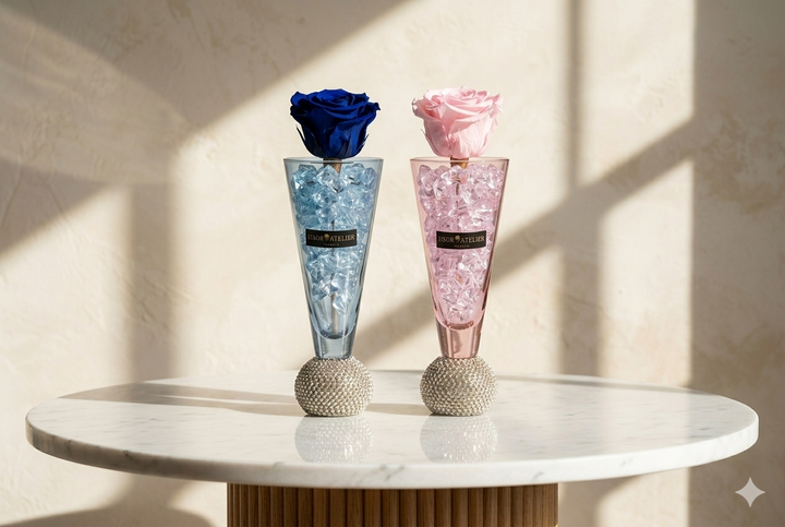 Eternal rose named Mila by Esor Atelier, beautifully preserved in a clear display container, showcasing its vibrant petals.