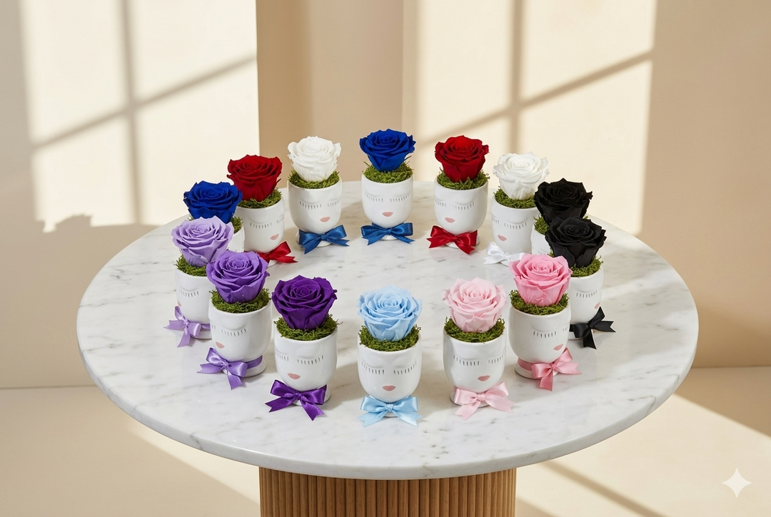 Elegant Joséphine eternal rose by ESOR ATELIER displayed in a sleek glass dome with delicate petals and lush greenery.