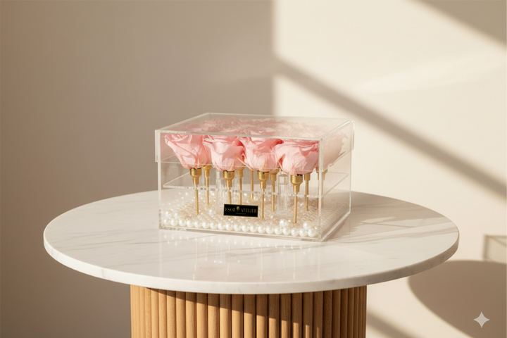 Eternal rose named Léa by ESOR ATELIER, showcasing a beautifully preserved, vibrant flower in a close-up view.