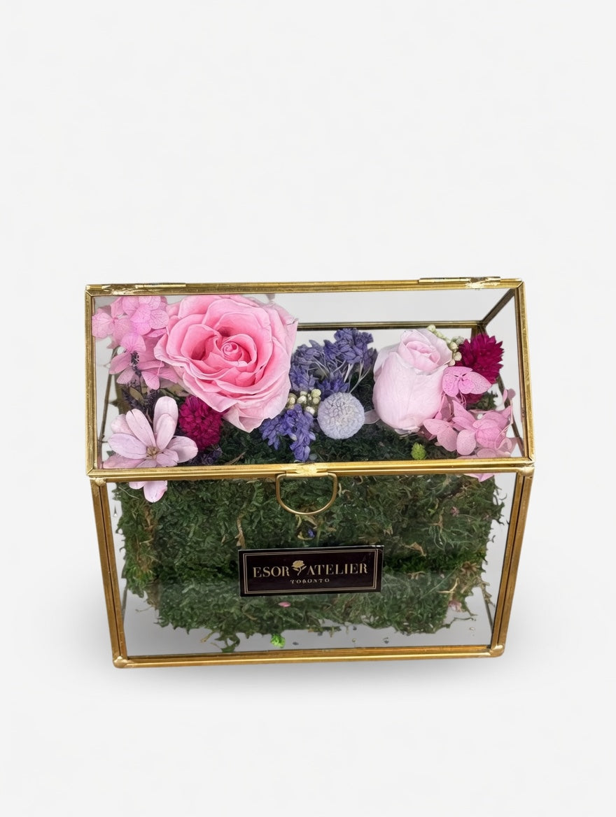 Esor Atelier Iris terrarium with lush green plants inside a clear glass container, showcasing natural botanical decor.