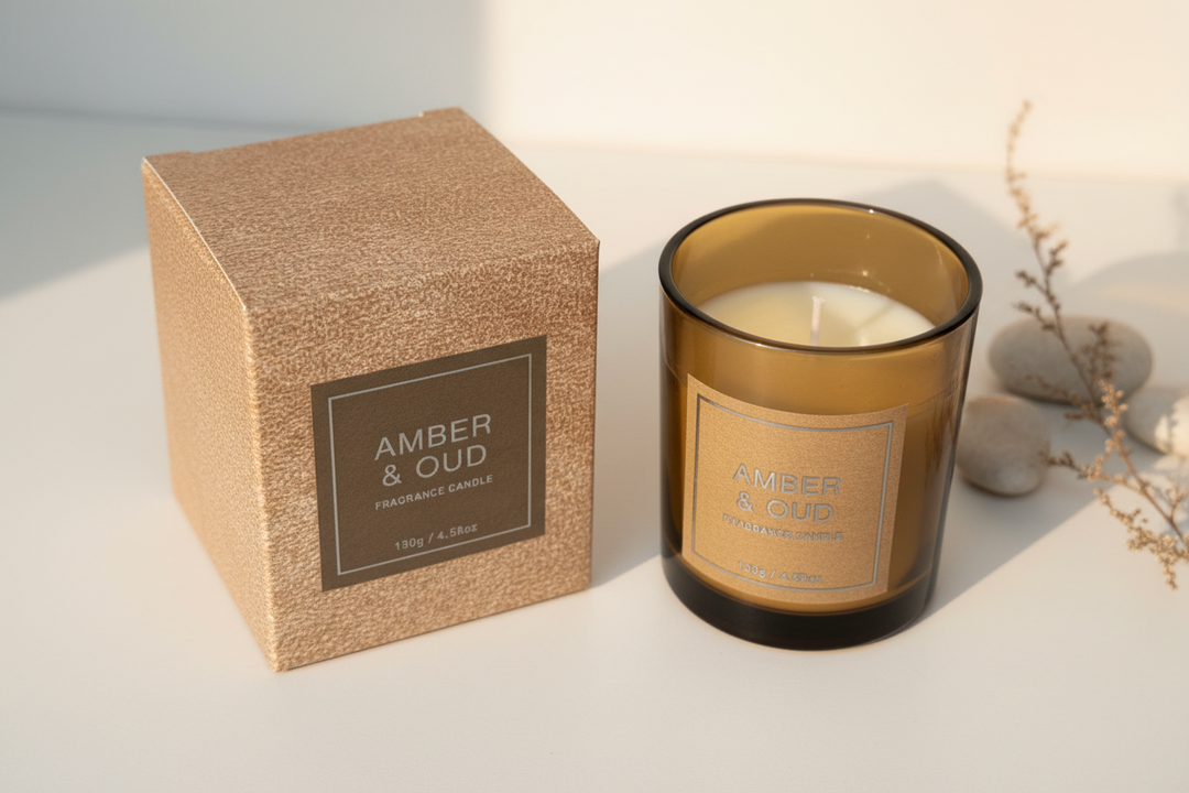 Amber &amp; OUD candle by ESOR ATELIER, elegant candle with warm amber and oud fragrance, in a stylish glass holder.