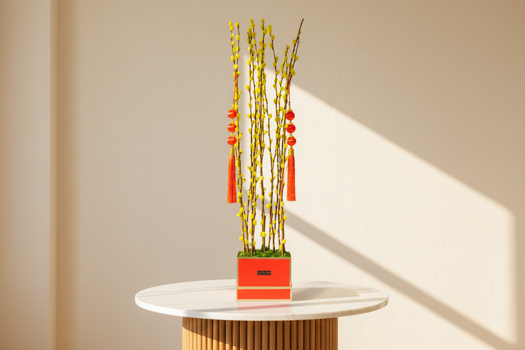 Yellow Infinity 8 Pussy Willow branch by Esor Atelier, with delicate, fluffy pussy willow catkins and slender stems.