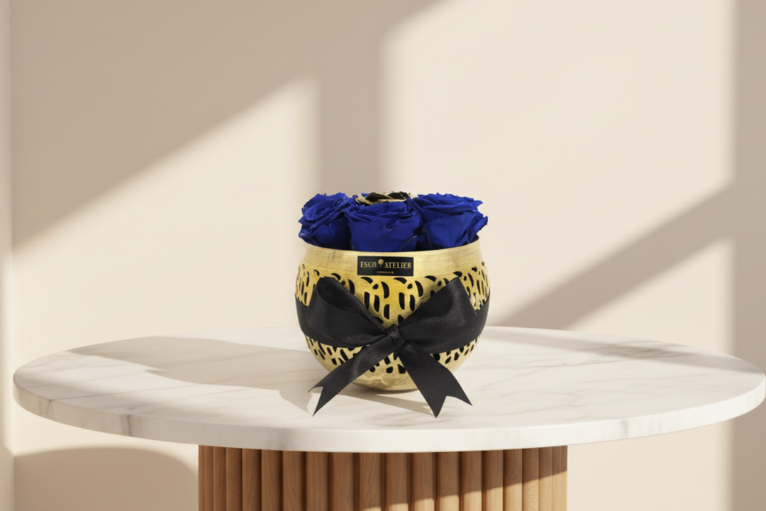 Eternal Rose named Midnight Star by ESOR ATELIER, displayed with dark petals and elegant presentation in a luxury flower arrangement.