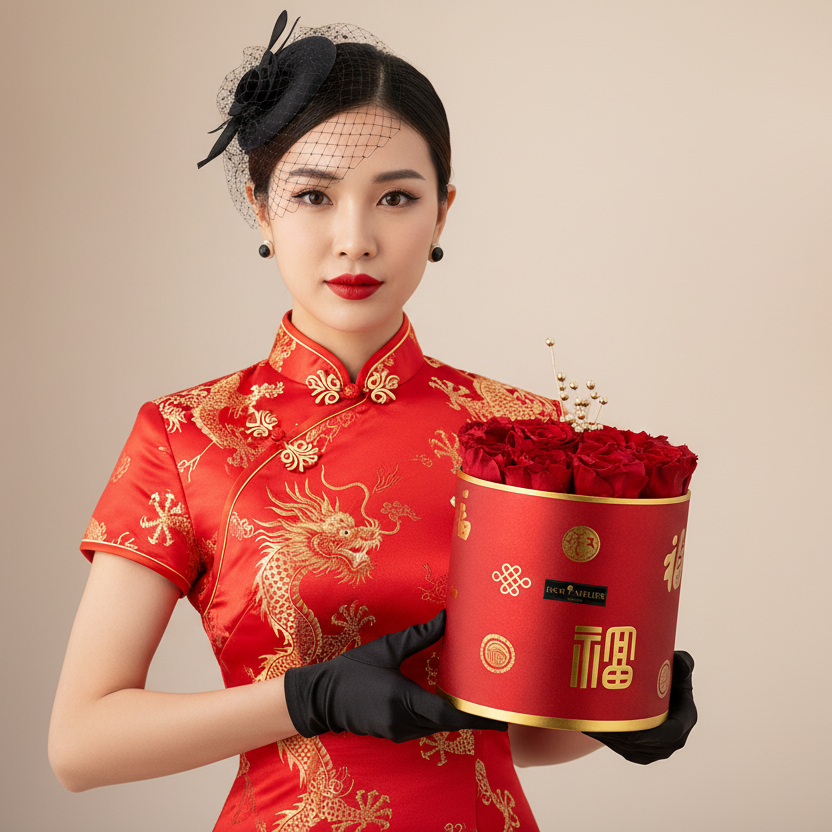 Woman in traditional red and gold outfit holding a red box with flowers, against a neutral background.