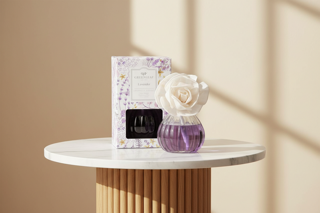 Esor Atelier Greenleaf Flower Diffuser with lavender scent, featuring a decorative green floral design and a glass diffuser bottle.