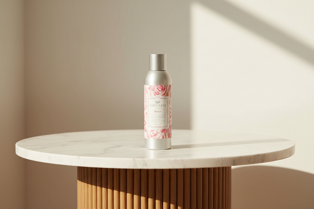 Esor Atelier Greenleaf Room Spray in Rose scent with a sleek bottle, ideal for freshening indoor spaces with floral fragrance.