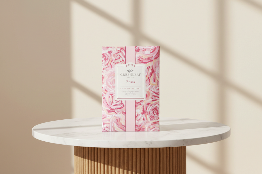 Esor Atelier Greenleaf Sachet with fragrant rose scent, featuring a small green leaf and delicate rose imagery for decorative use
