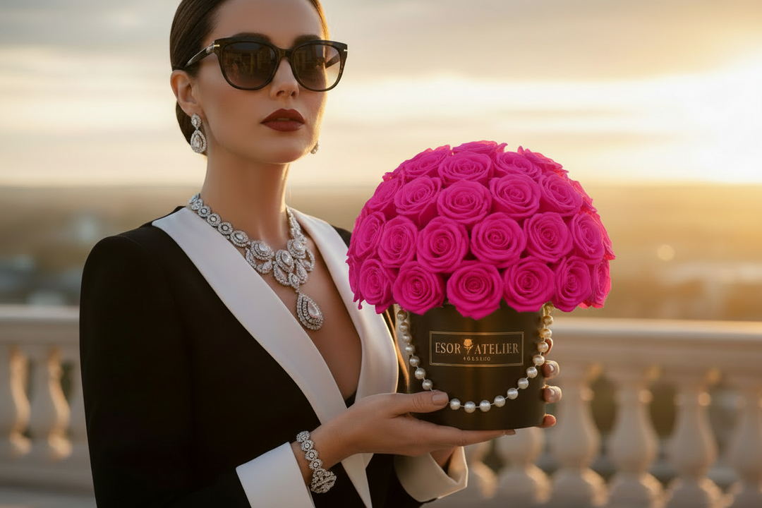 Eternal Rose by Esor Atelier, featuring vibrant petals and lush green leaves in an elegant display.