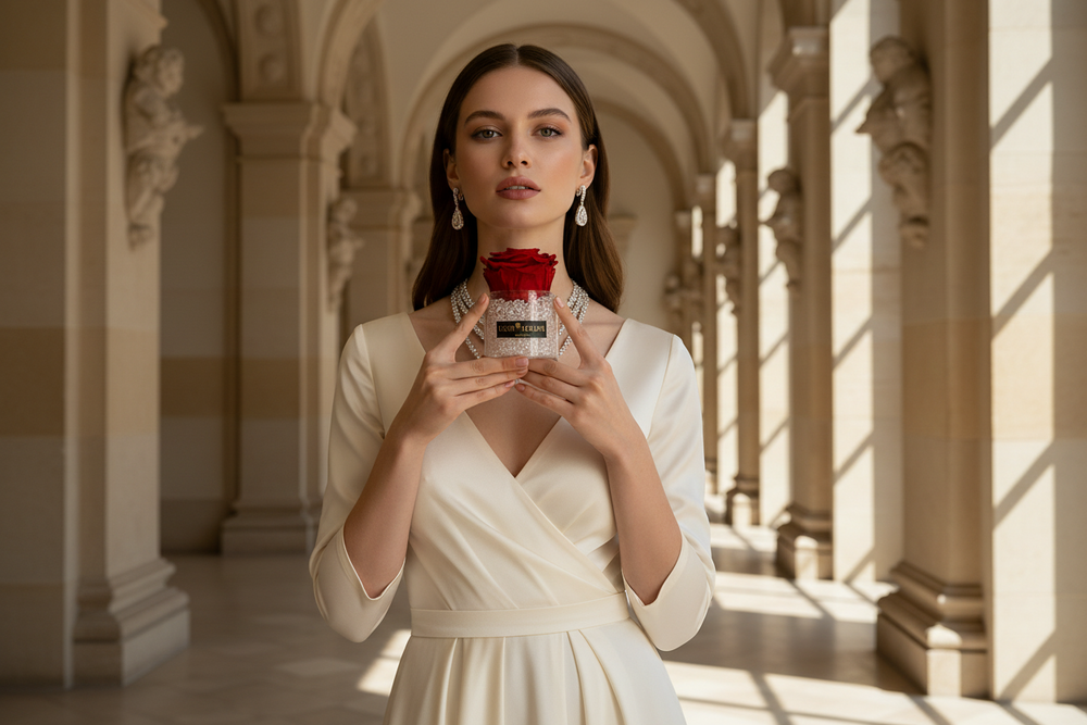 Eternal rose from ESOR ATELIER Pavilion collection, showcasing a beautifully preserved, vibrant flower in a clear glass vase.