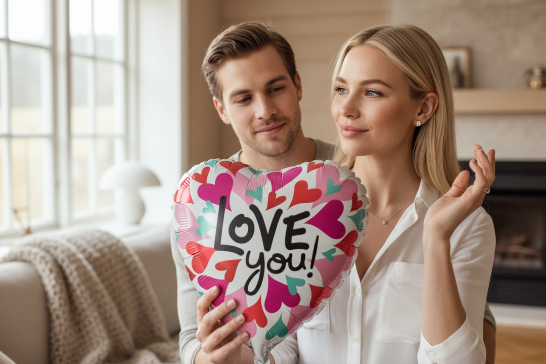 Colorful helium balloon by Esor Atelier floating against a bright blue sky, showcasing its vibrant design and shape.