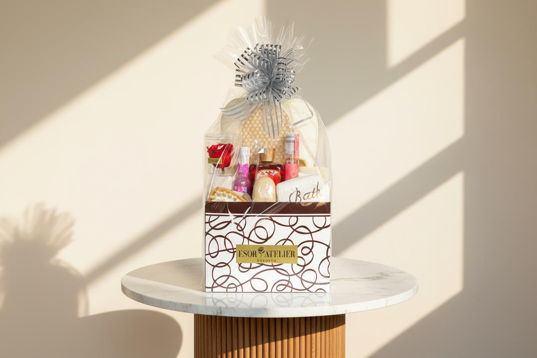 Esor Atelier Irene gift basket with assorted gourmet treats and elegant packaging, perfect for special occasions.