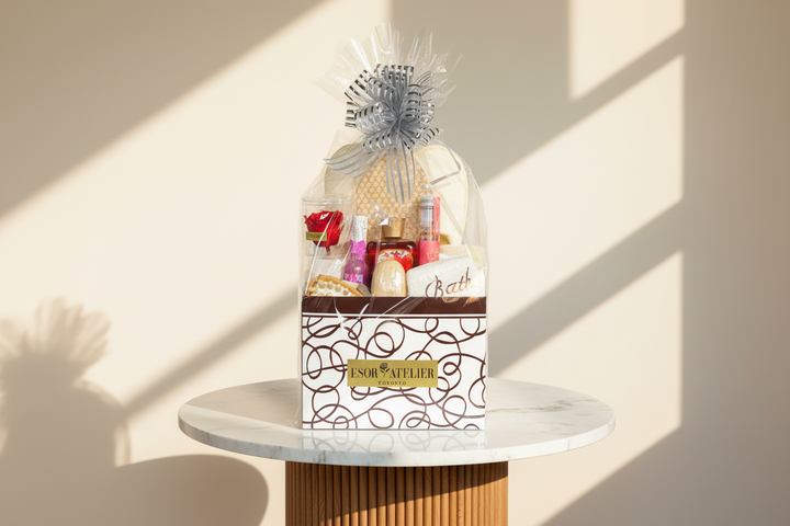 Esor Atelier Irene gift basket with assorted gourmet treats and elegant packaging, perfect for special occasions.