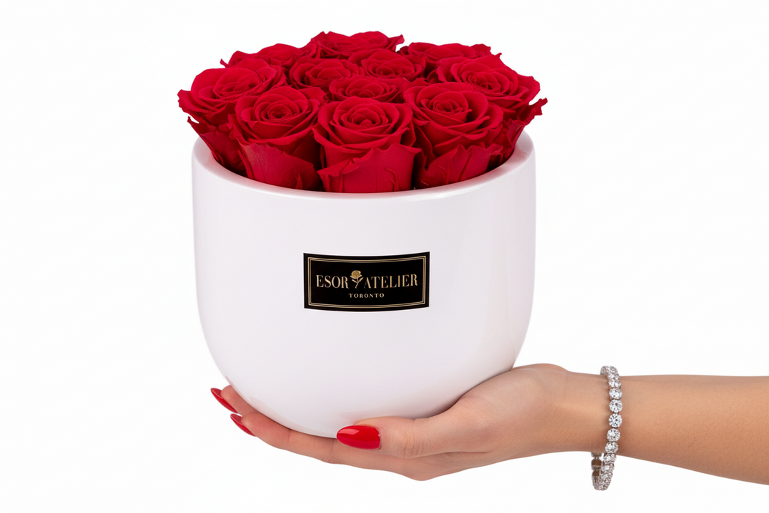 Esor Atelier Paris eternal rose in a glass dome, showcasing a preserved red rose with intricate details and elegant presentation.