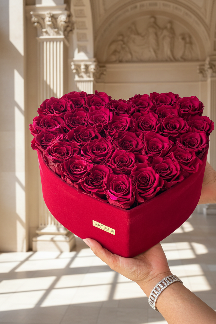 Eternal rose named Giselle by Esor Atelier, beautifully preserved in a clear glass dome with delicate petals and lush green leaves.