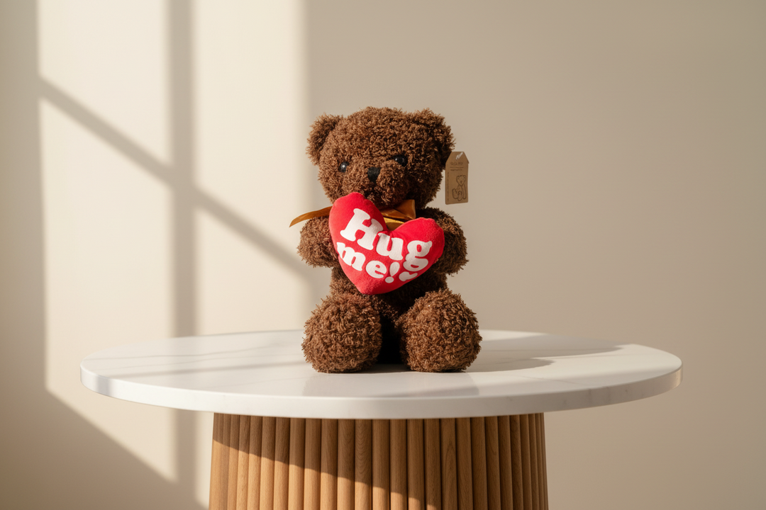 Soft beige Hug Me Teddy Bear by Esor Atelier, showing plush fabric and cuddly appearance on a plain background.