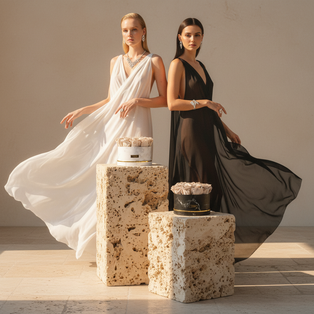 Eternal Rose by Esor Atelier, showcasing a beautifully preserved Georgine rose with vibrant petals and elegant presentation.