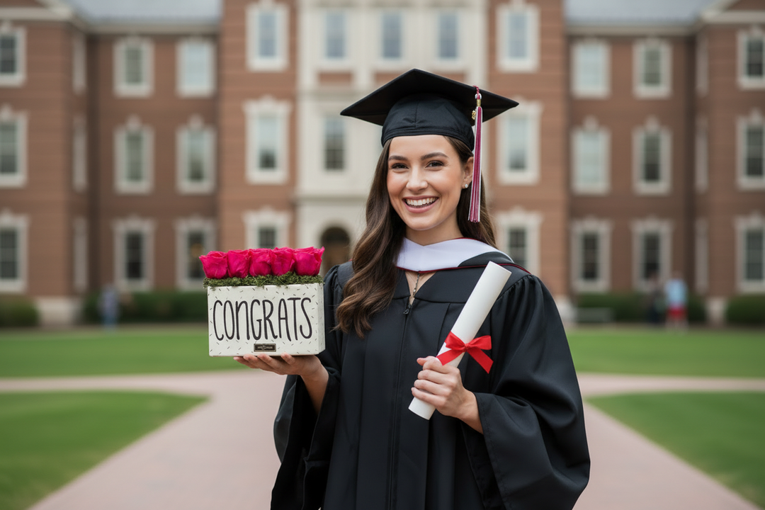 Graduate in cap and gown holding a 'Congrats' sign with flowers in front of a brick building.