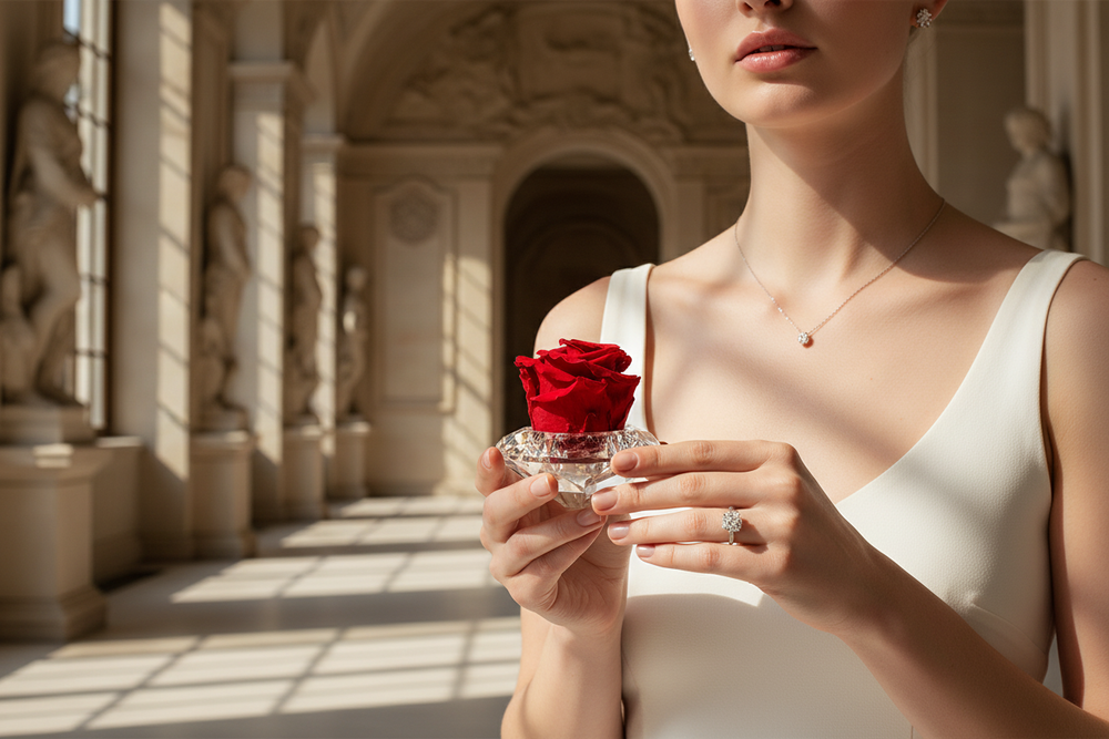 Eternal Rose Solitaire by ESOR ATELIER featuring a single preserved rose in a sleek, elegant display for lasting beauty.