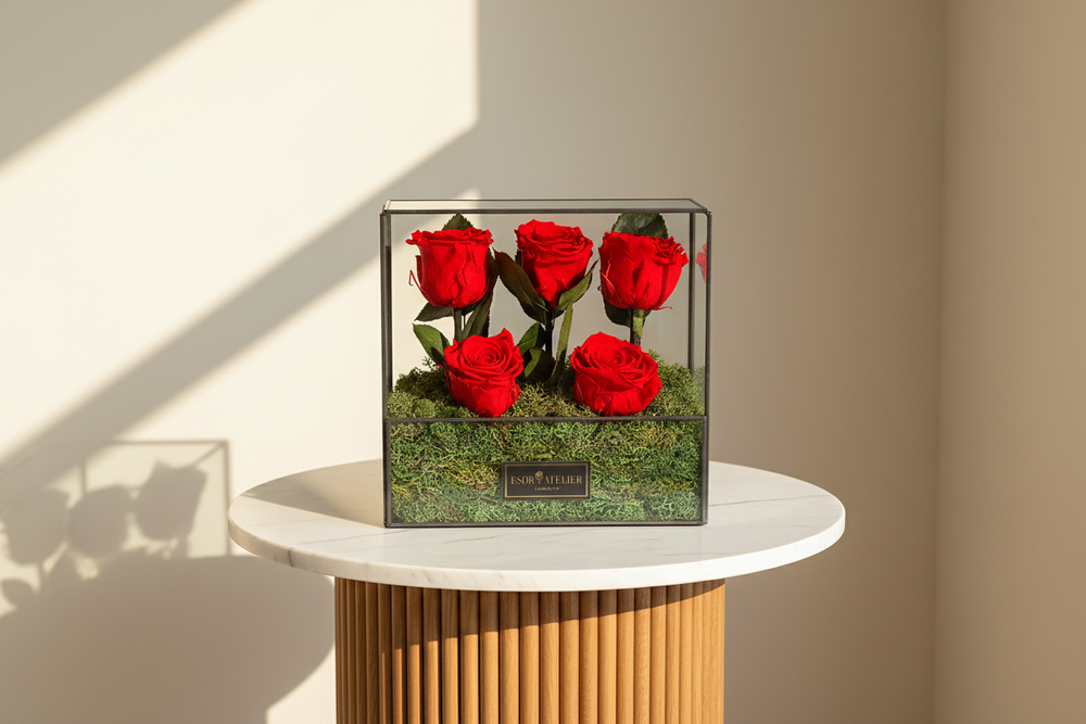 Eternal rose named Clara by Esor Atelier, showcasing a beautifully preserved, vibrant red rose in a clear glass display.