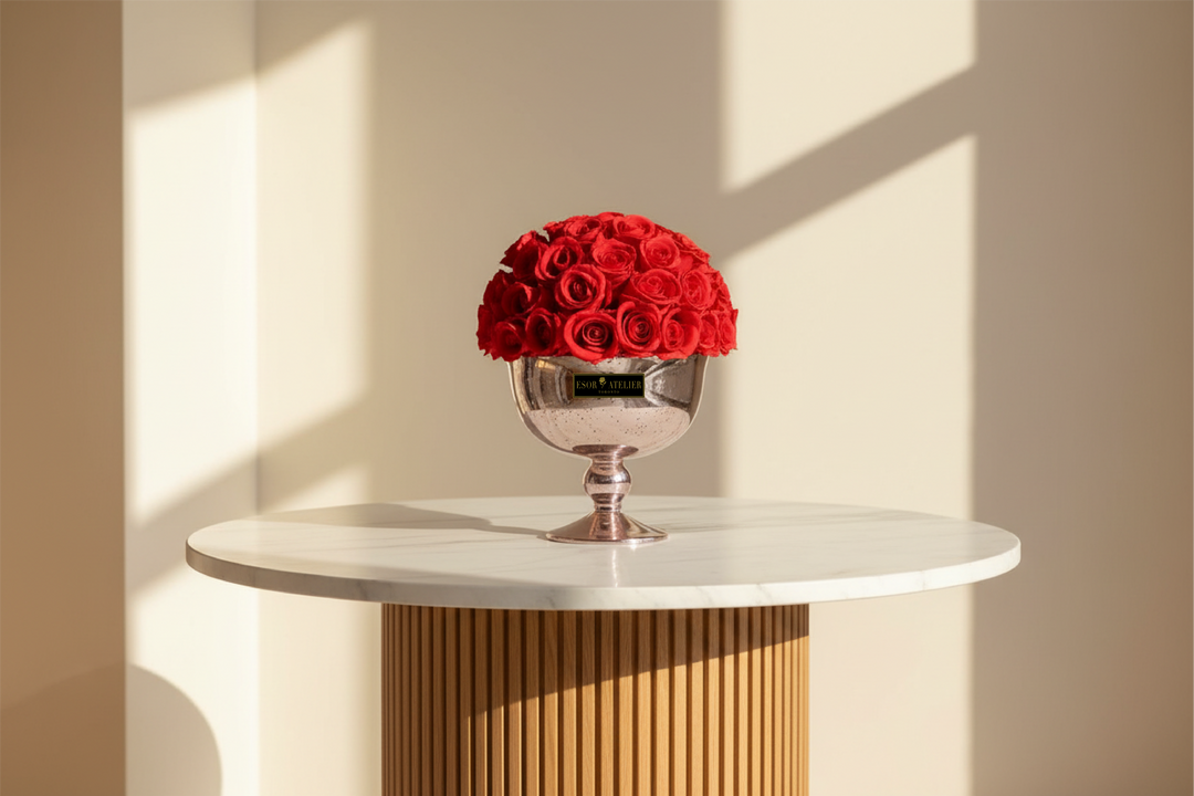 Eternal Rose by Esor Atelier in a Chanel-inspired design, featuring a preserved rose with elegant decorative elements.
