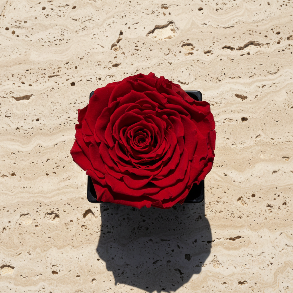 Esor Atelier Danielle eternal rose with vibrant red petals and green leaves, preserved for lasting beauty.