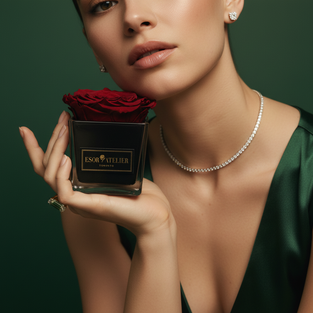 Eternal rose named Danielle by Esor Atelier, preserved in a clear glass dome with delicate petals and lush green leaves.