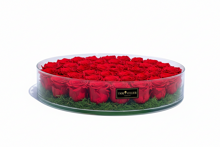 Doulton Eternal Rose by Esor Atelier, a beautifully crafted preserved rose in a clear glass display case.