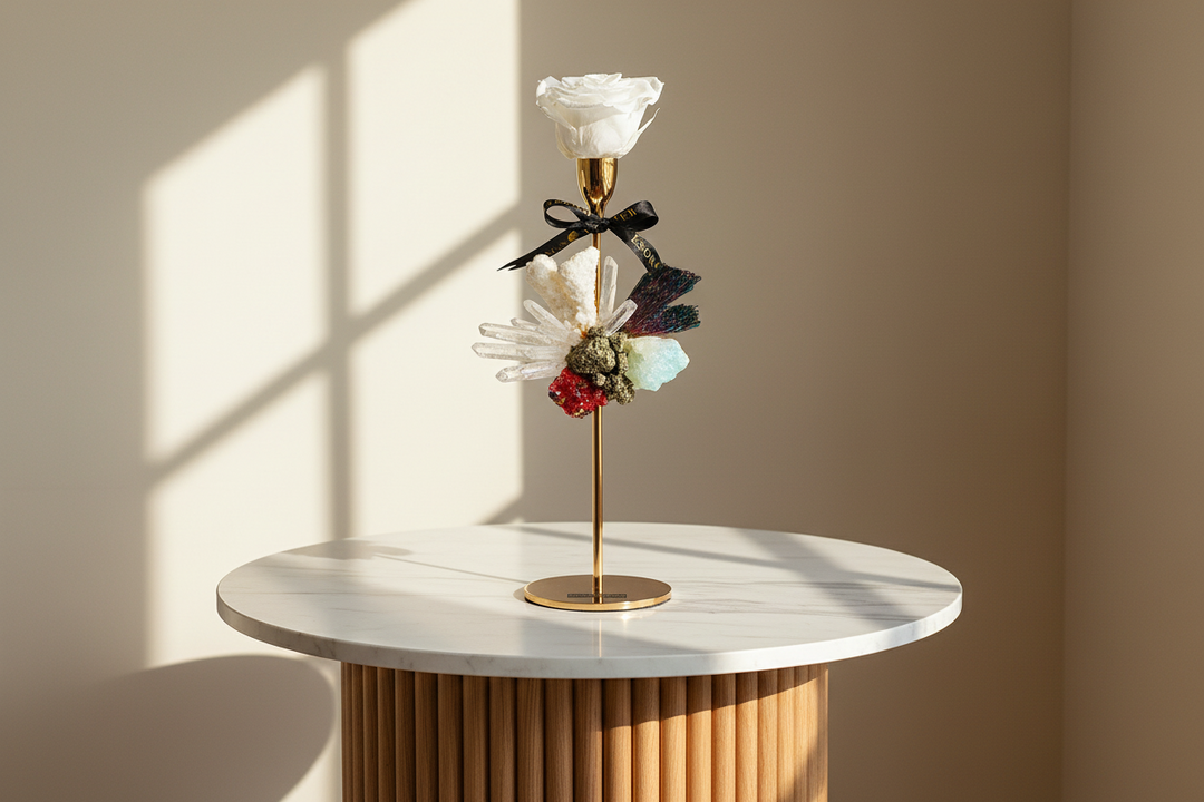 Eternal rose named Emily by Esor Atelier, showcasing a preserved, vibrant red rose in a clear glass display.