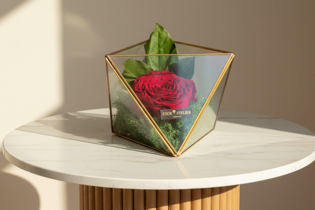 Eternal Desire rose by ESOR ATELIER, preserved red rose in a clear glass dome, showcasing intricate floral details.