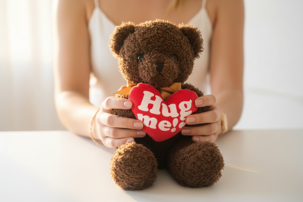 Soft beige Hug Me Teddy Bear by Esor Atelier with embroidered facial features, plush fur, and a cuddly appearance.