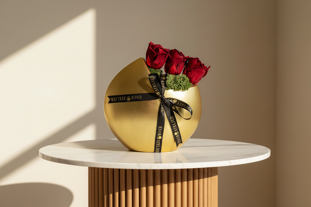 Eternal rose named Midnight Crescent by Esor Atelier featuring a dark, velvety petal arrangement with a delicate crescent shape.