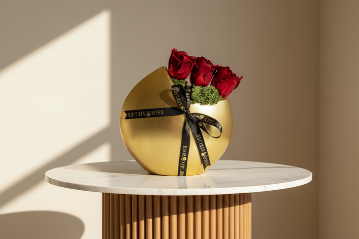 Eternal rose named Midnight Crescent by Esor Atelier featuring a dark, velvety petal arrangement with a delicate crescent shape.