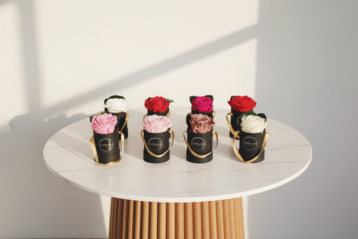 Eternal rose named Sylvie by Esor Atelier, beautifully preserved in a clear display case with soft lighting.